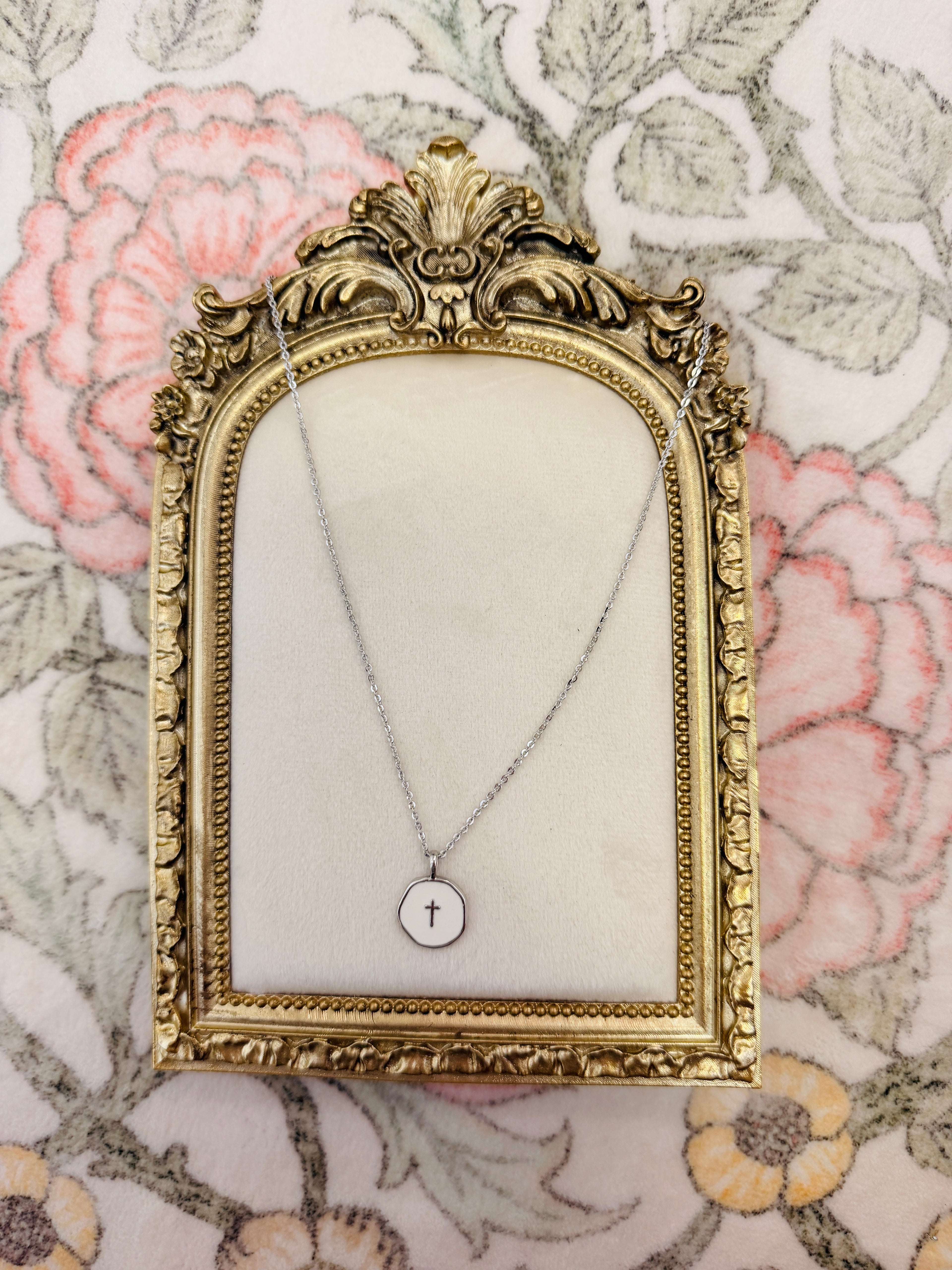 Silver and White Cross Necklace