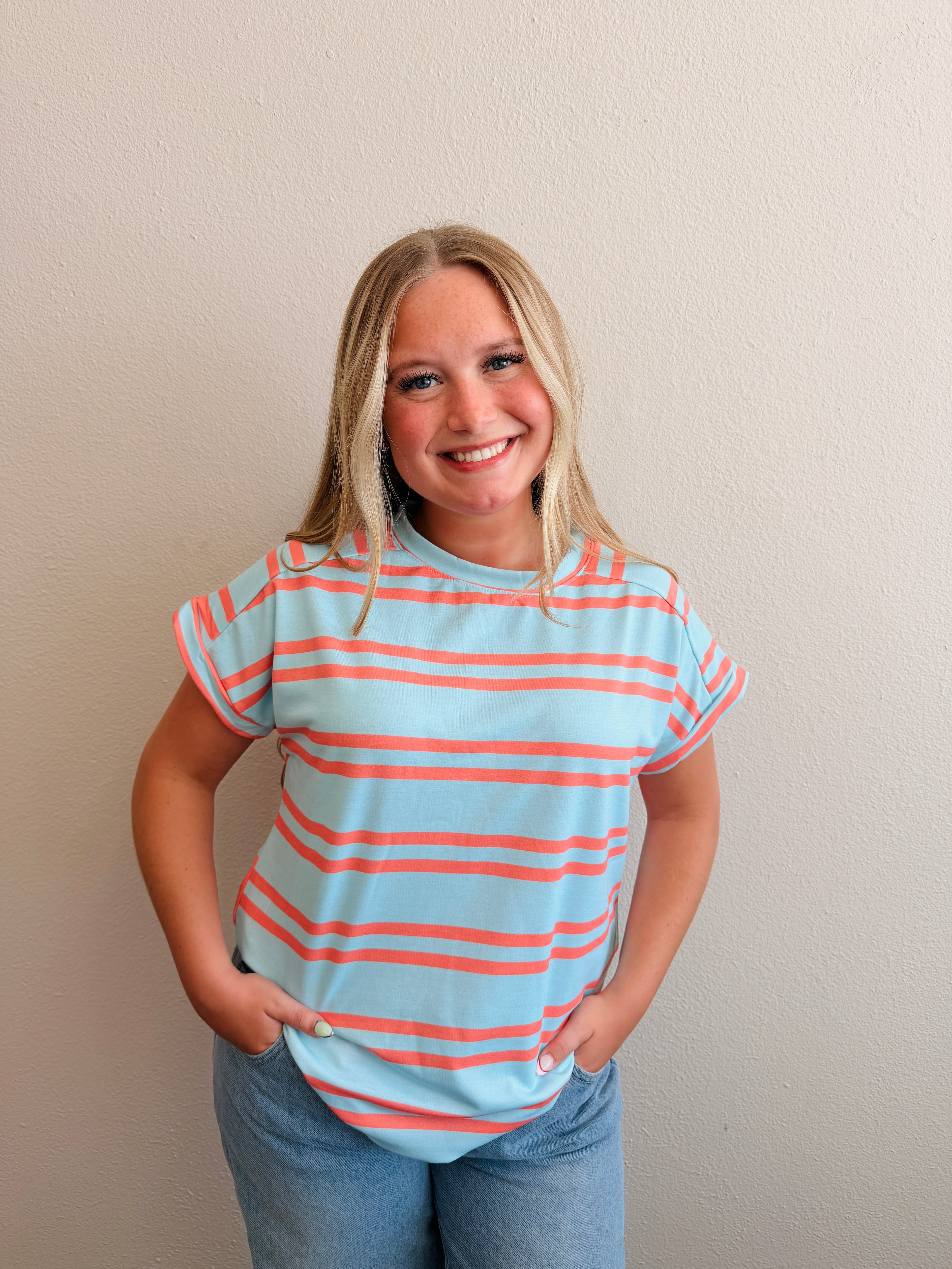 Coral and Blue Stripe Top
