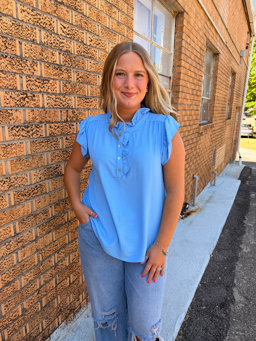 Ruffle Sleeve Blue Top