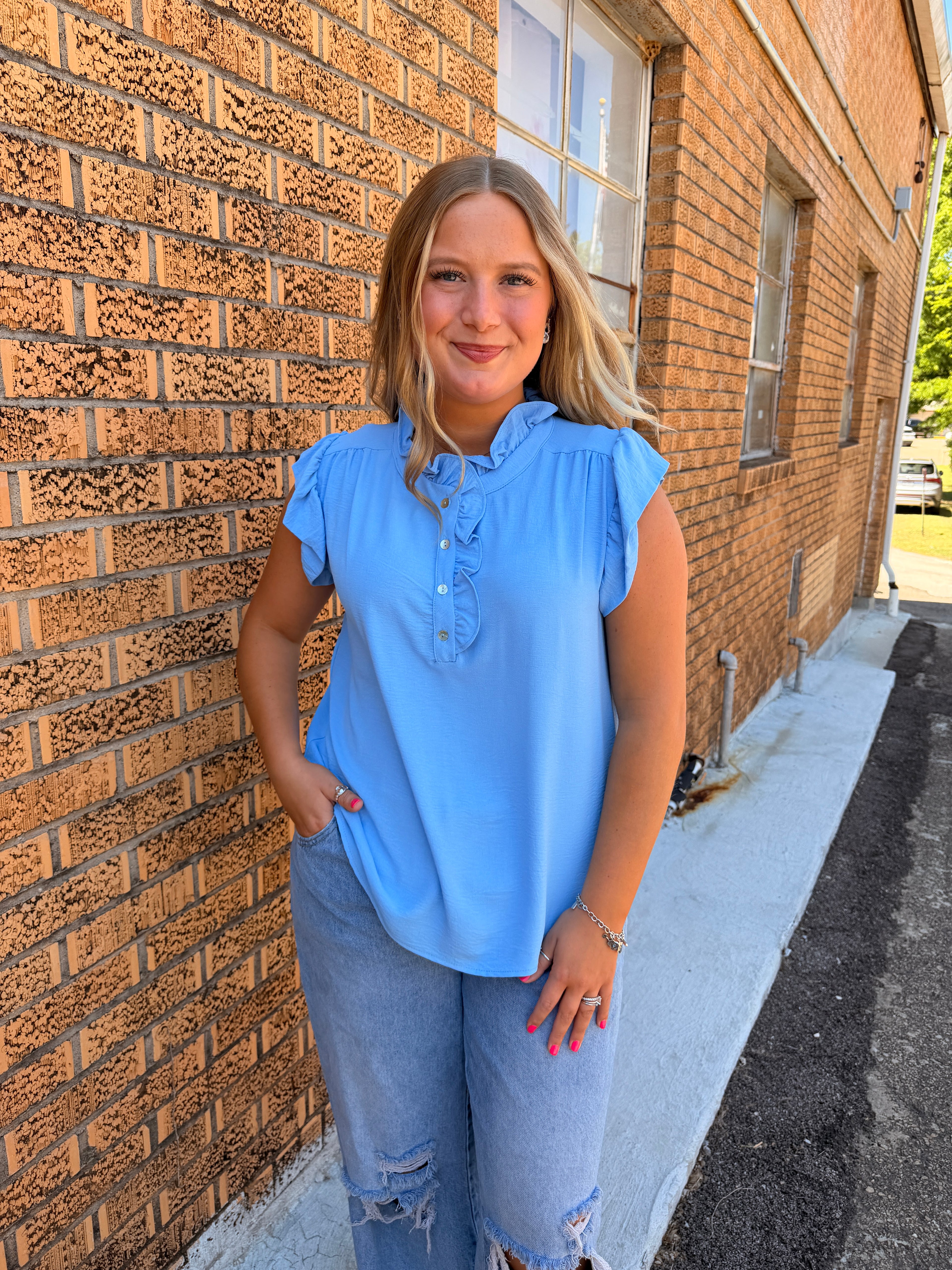 Ruffle Sleeve Blue Top