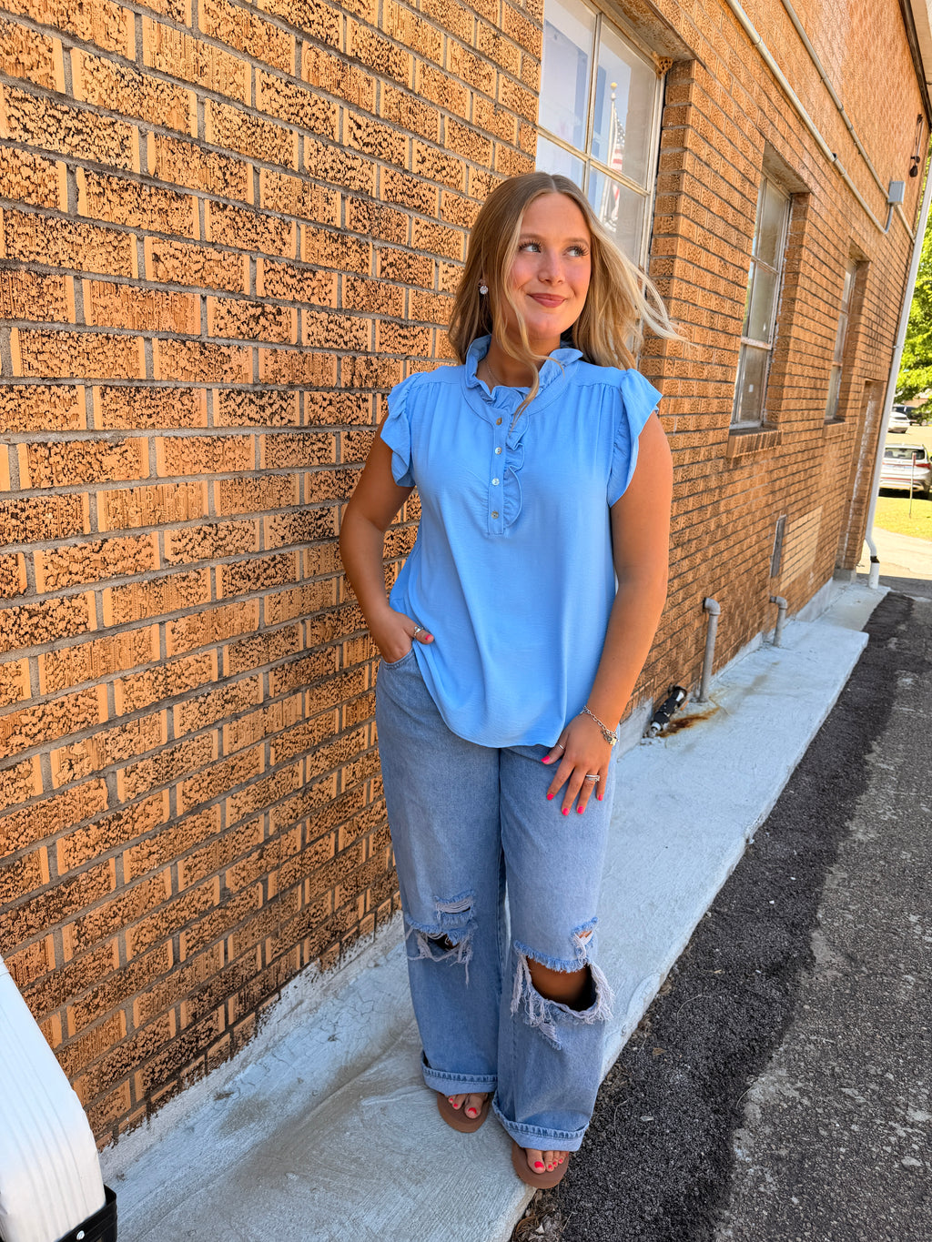 Ruffle Sleeve Blue Top